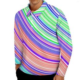 Men's Polos Curve Print Casual T-Shirts Man Colorful Stripes Long Sleeve Polo Shirt Turn Down Collar Y2K Spring Graphic Plus Size