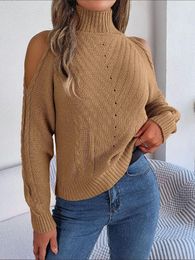 Women's Sweaters Solid Colour Knit Sweater 2023 Autumn/Winter Casual Off Shoulder High Neck Hollow Long Sleeve Knitted Pullover For Women