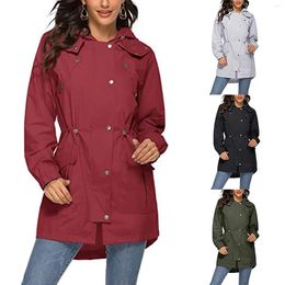 Women's Jackets Ladies Solid Hooded Slim Pocket Raincoat Trench Coat Jacket Womens Long Sleeve Blouse