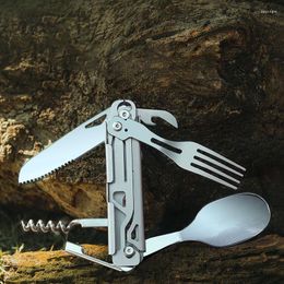 Dinnerware Sets 6in1 Folding Camping Cutlery Multi-function Portable Tableware Knife Fork Spoon Bottle Opener Outdoor Equipment