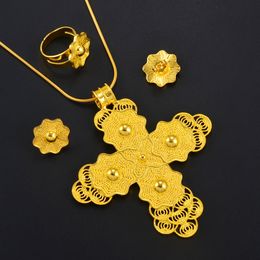 Wedding Jewelry Sets Anniyo Ethiopian Large Pendant Necklaces Earrings Ring Gold Color sets African Eritrean Traditional Ethnic Goods #333406 230804