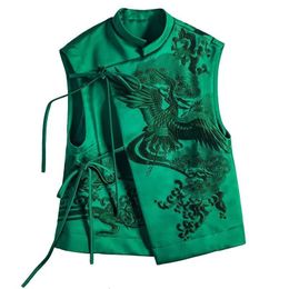 Women's Jackets Outerwear Retro Heavy White Stork Embroidery Green Lace Chinese Vest Jacket Female 2023 Spring And Summer Style 230804