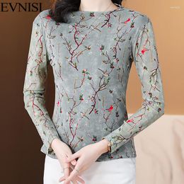 Women's Blouses EVNISI Women Floral Printing Knitted Shirt Mock Neck Elegant Lace Office Tops Long Sleeved Casual For Slim Blouse Autumn