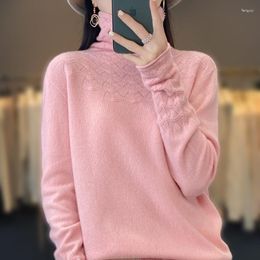 Women's Sweaters 2023 Spring Seamless Cashmere Sweater Heap Neck Thread Hollow Knitted Top Fashion Pure Wool Slim Fit Pullover