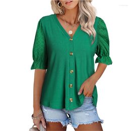 Women's Blouses 2023 Summer Hollow Out Mid Sleeve Knitted Cardigan Button V-Neck T-shirt Top