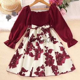 Girl's Dresses Kids Floral Print Long Sleeve Dress for Girls Spring Autumn 2023 New Child Casual Shirred Patched Aline Princess Dress Clothing x0806