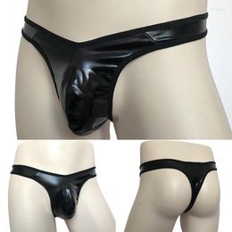 Underpants Mens Faux Leather Sexy Briefs Thong T-Back G-Strings Clubwear Stage Performance Peni Bulge Pouch Underwear Gay Panties Elastic