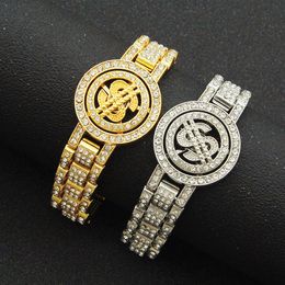 Hip hop rapper Men Diamond Cuban chain rotatable US dollar watchband Bamboo bracelet rhinestones shiny hand jewelry Nightclub show wholesale jewelry 1668