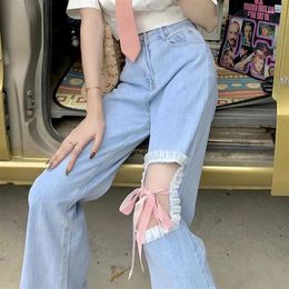 Women's Jeans Gothic Hole Lace-Up For Women Korean High Waist Ruffles Wide Leg Pants Woman 2023 Spring Summer Sweet Loose Denim Trousers