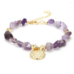 Link Bracelets Enosola Natural Amethyst Stones Beaded Bracelet Jewellery 18K Gold Colour Coin Charm For Women Jewellery Gifts Bohemia Style