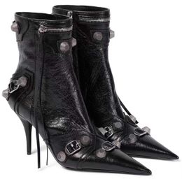 2023New black pointed high-heeled boots Metal buckle decoration women's shoes motorcycle tassel Leather Zip luxury designer fashion naked boot High-heeled shoes