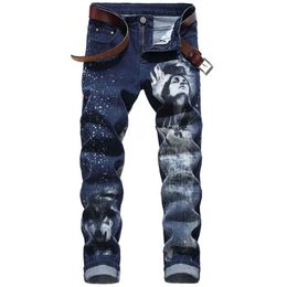 Mens Causal Jeans 3d Printing Casual Elastic Jeans Denim Pants Washed Beautiful Lady Wolf Head High Quality138