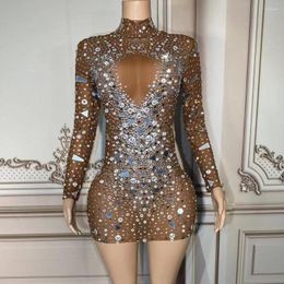 Stage Wear Sexy Silver Rhinestones Mirrors Brown Mesh Transparent Dress Women Birthday Evening Celebrate See Through Pography