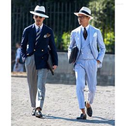 Men's Suits 2023 Navy Blue Sky Notched Lapel Men Casual Formal Costume Homme Double Breasted Slim Fit 3 Pcs Set Jacket Vest Pants