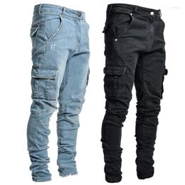 Men's Jeans Side Pocket Cargo Stretch Men Pencil Pants Casual Cotton Ripped Distressed Hole Fashion Solid Skinny Denim