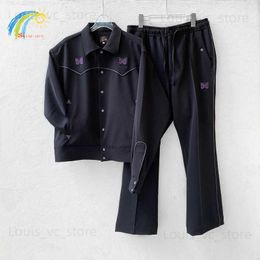 Casual Fashion Black AWGE NEEDLES Jacket Men Women Purple Stripe Butterfly Embroidery Button Coat High Street Track Outerwear T230806