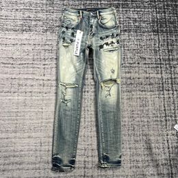 Jeans svasati con impiombatura hip-hop da uomo Pantaloni denim da motociclista da motociclista slim fit strappati effetto consumato Pantaloni viola lavati streetwear da uomo