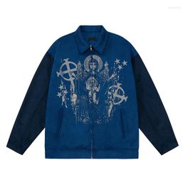 Men's Jackets Streetwear Harajuku Y2K Hip Hop Jacket Character Graphic Patchwork Color Suede Coat Vintage Oversized