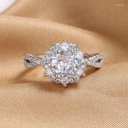 Wedding Rings Classic Round White Zircon Flower For Women Silver Color Charm Bridal Bands Promise Engagement Ring Party Jewelry