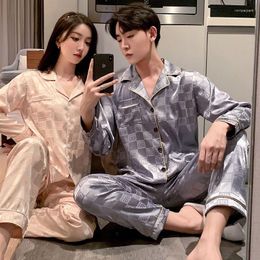 Women's Sleepwear Male and Female Couple Pyjamas Spring Autumn Long-sleeved Thin Ice Silk Loungewear Imitation Suit