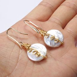 Dangle Earrings Closed Round Square Shape Big White Natural Freshwater Pearl Beads Gold Colour Copper Wire Wrapped Charm Earring For Woman