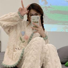 Women's Sleepwear Winter Women Pajamas Set Appliques Fleece Velvet Pajama Pant Fluffy Korean Cute Piiama 2 Pcs Night Wear Warm Home Suit