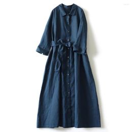 Casual Dresses Summer Linen Dress Women Turn-down Collar Single-breasted Long-sleeved Elegant Simple With Belt A-line Long Skirt