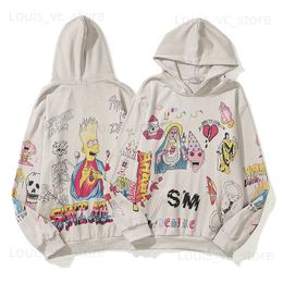 Hand-painted graffiti high street hooded old men's and women's sweaters autumn and winter new trendy brand hip-hop fashion tops T230806