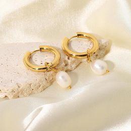 Hoop Earrings Stainless Steel Jewellery Waterproof 18K Gold Plated Huggies Natural Freshwater Pearl For Women Valentine's Day Gift
