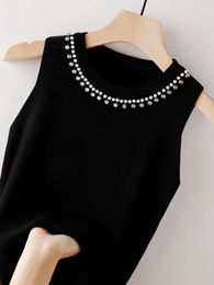 Women's Sweaters Women Beaded Sleeveless Sweater Fashion Korean Spring Summer Black White Knitted Pullover Slim Top