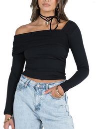 Women's T Shirts Women S Off Shoulder Long Sleeve Crop Top Sexy Backless Hollow Out Skinny Tight Shirt Y2K Trendy Tee Streetwear