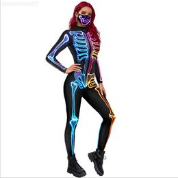 Theme Costume Halloween Jumpsuit Glow Fluorescent Skull Sexy Women Devil Ghost Party Carnival Performance Scary Come Skeleton Bodysuit L230804