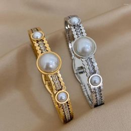 Link Bracelets DODOHAO Exquisite Small Round Charm Chain 3 Big Pearl & Bangle For Women Stainless Steel Inlaid Zircon Fashion Bangles