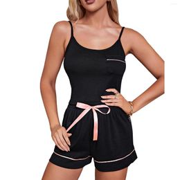 Women's Sleepwear 2pcs Pyjamas Sexy Suspenders Sling Vest Top Casual Shorts Elastic Waist Short Pants Solid Thin Homewear Women