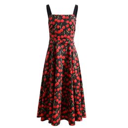 2023 Autumn Black Floral Cherry Print Dress Sleeveless Square Neck Panelled Midi Casual Dresses S3G040804 Plus Size XXL