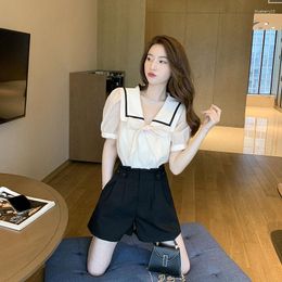 Women's Tracksuits 2Pcs Navy Collar Puff Sleeve Top Black Shorts 2023 Summer Ladies French Sweet Bow Patchwork Short Shirts Wide-Leg Pants