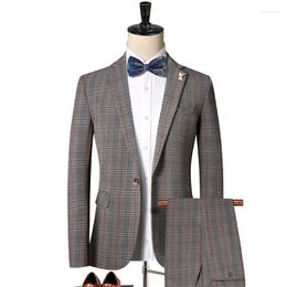 Men's Suits (Jackets Pants) 2023 Men High Quality Pure Cotton Business Blazers/Male Slim Fit Plaid Groom's Wedding Dress/Man 2 Pieces