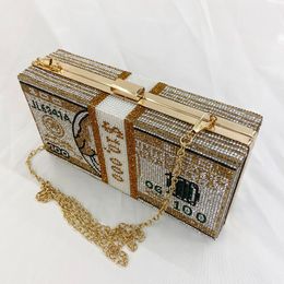 2023 Designer Bag Summer Dollar Clutch Purse Rhinestone Evening Handbag Europe Popularity Middle Size Women Clutch Bag Gold Chain Handle