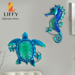 Decorative Objects Figurines Metal Blue Sea Turtle Seahorse with Glass Wall Art for Home Decorative Objects Sculpture Statue of Living Room Bathroom Pool 230804