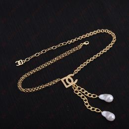 Fashion designer Metal double chain encrusted Zircon Alphabet fringe chain Pearl Pendant Pendant Necklaces for women, elegant personality