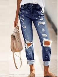 Women's Jeans Spring Summer Pants Casual Slim Fit Mid Straight Printed Vintage Crop Distress Blue Washed For Women 2023
