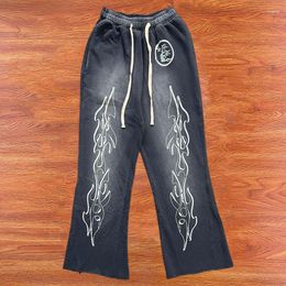 Men's Pants Drop HELLSTAR Black Washed Retro Flame Print Drawstring Trousers Casual Bell-bottoms Men Women Sweatpants