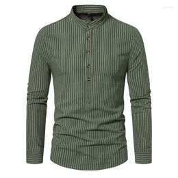 Men's Casual Shirts Vintage Army Green Cotton Henley Shirt Men 2023 Brand Slim Fit Long Sleeve Striped Daily Work Causal Tops Blouses XXL