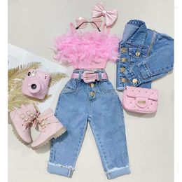 Clothing Sets FOCUSNORM Little Girls Fashion Clothes 1-6Y Ruffles Fur Feather Sleeveless Camisole Tops High Waist Denim Pants 2pcs