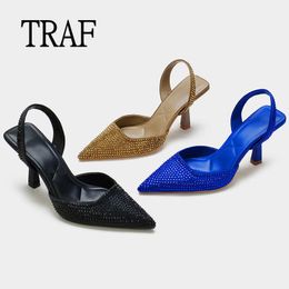 Sandals TRAF Elegant Slingback High Heel Woman Pumps Female Gold Black Blue Rhinestone Heels Sandals Stiletto Heels Office Lady Shoes J230806