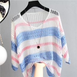 Women's Sweaters High-quality Stripe V-Neck Hollow Out Shirt Women Ice Silk Knitted Sweater Loose Blouse Thin Clothing Korean Fashion