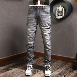 Men's Jeans European Vintage Fashion Men High Quality Retro Gray Elastic Slim Fit Ripped Casual Designer Denim Pants Hombre