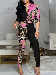 Women's Two Piece Pants Vintage Printed Trousers Tracksuits Woman Fashion Single Breasted Shirts And Legging 2 Set 2023 Tops Tights Outfits