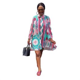 Summer Printed Shirt Dress Women Elegant Office Ladies Blouse Fashion Clothes Lapel Neck Long Sleeve Buttons Casual Tops For Woman Office Work Daily