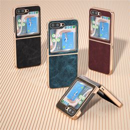 Luxury Retro Anti-slip Leather Vogue Phone Case for Samsung Galaxy Folding Z Flip5 Flip3 Flip4 5G Durable Slim Full Protective Soft Bumper Solid Colour Fold Shell